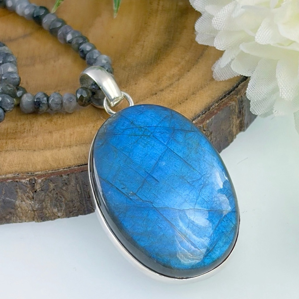 Blue Labradorite Pendant Moonstone Necklace Pure Sterling Silver 925 Boho New - Picture 3 of 9